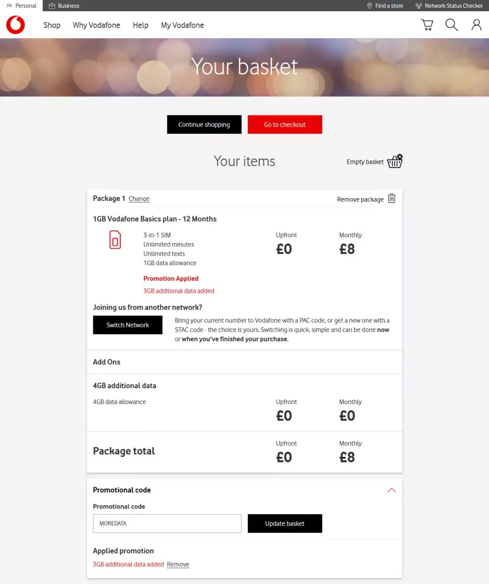 Vodafone Basics Voucher Code (March 2020) 8GB Data For £8/Month