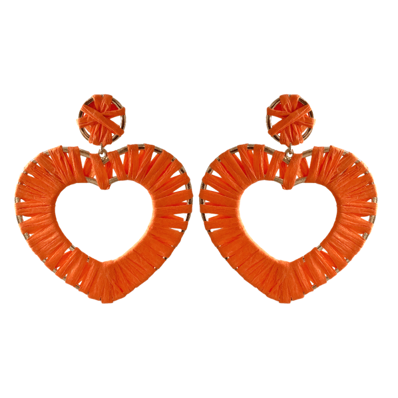 RAFFIA WRAPPED HEART HOOP EARRINGS ORANGE
