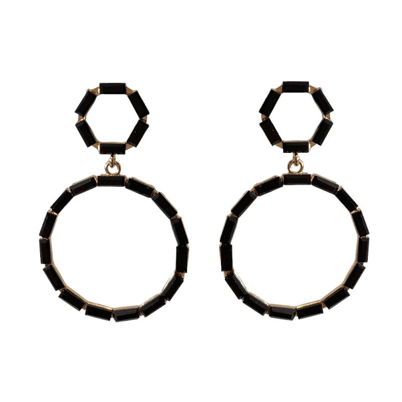 CRYSTAL DOUBLE DROP HOOP EARRINGS BLACK
