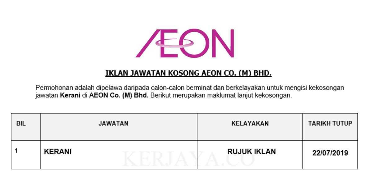 Jawatan Kosong Terkini AEON Kerani • Kerja Kosong Kerajaan & Swasta
