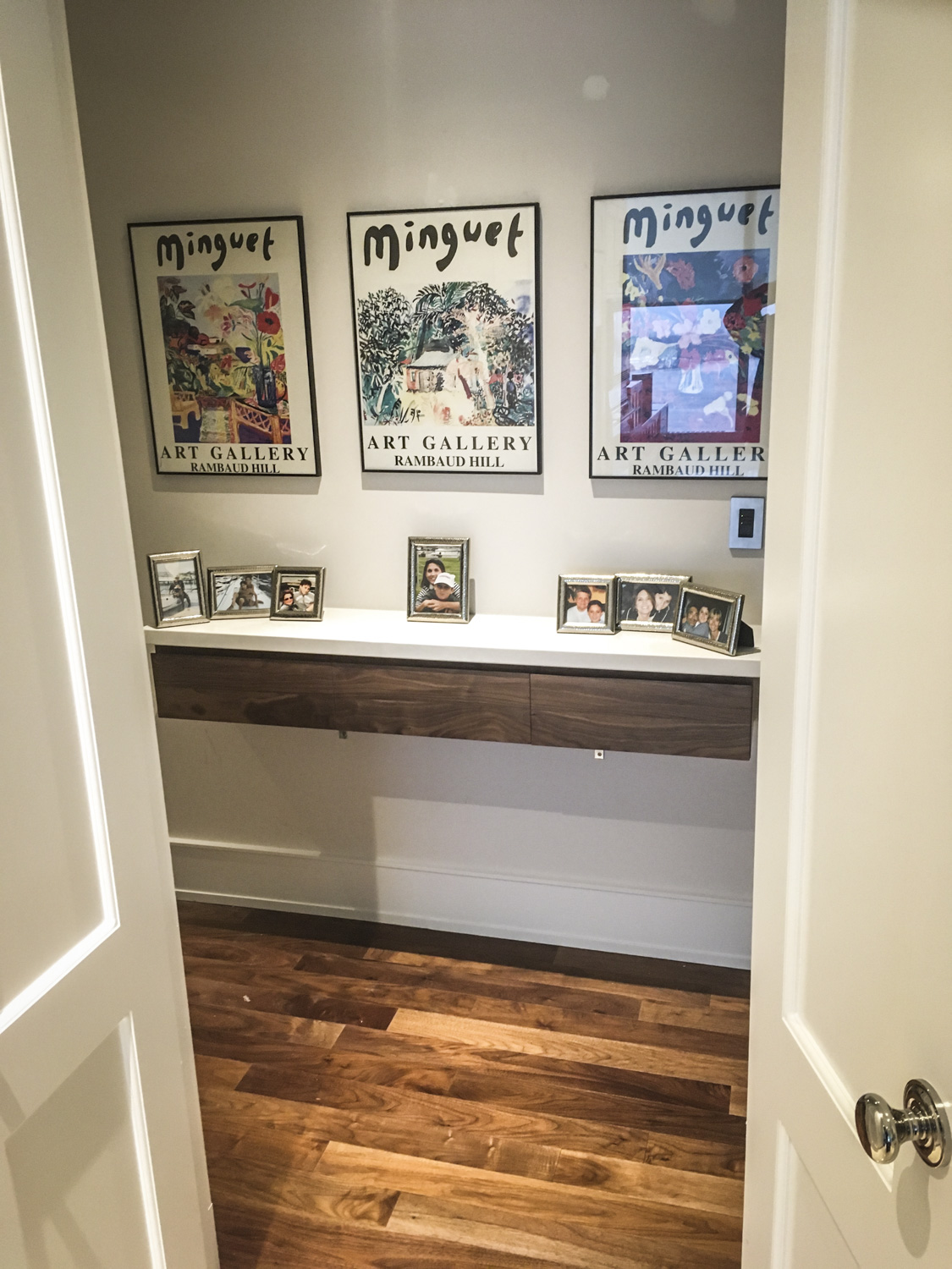 Walnut Floating Drawer Console _ Quartz Ritz Carlton Kerr’s Kustom Woodworking &