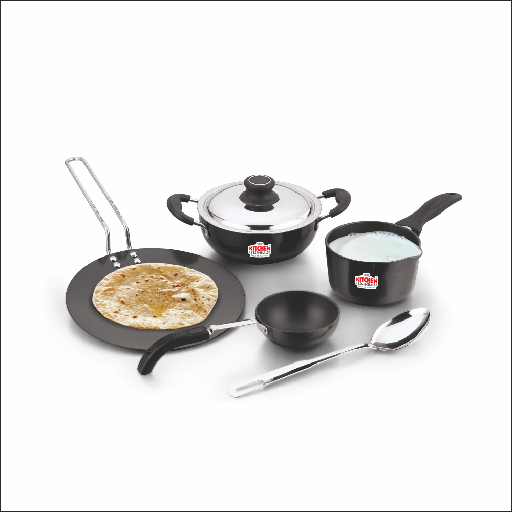 Hard Anodised 6 pcs Cookware Set(Kadai with SS Lid, Tawa, Sauce Pan