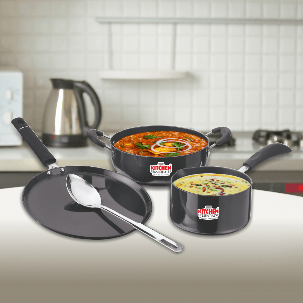 Hard Anodised 4pcs Indcution Based Trendy Cookware Set ( Kadai, Tawa
