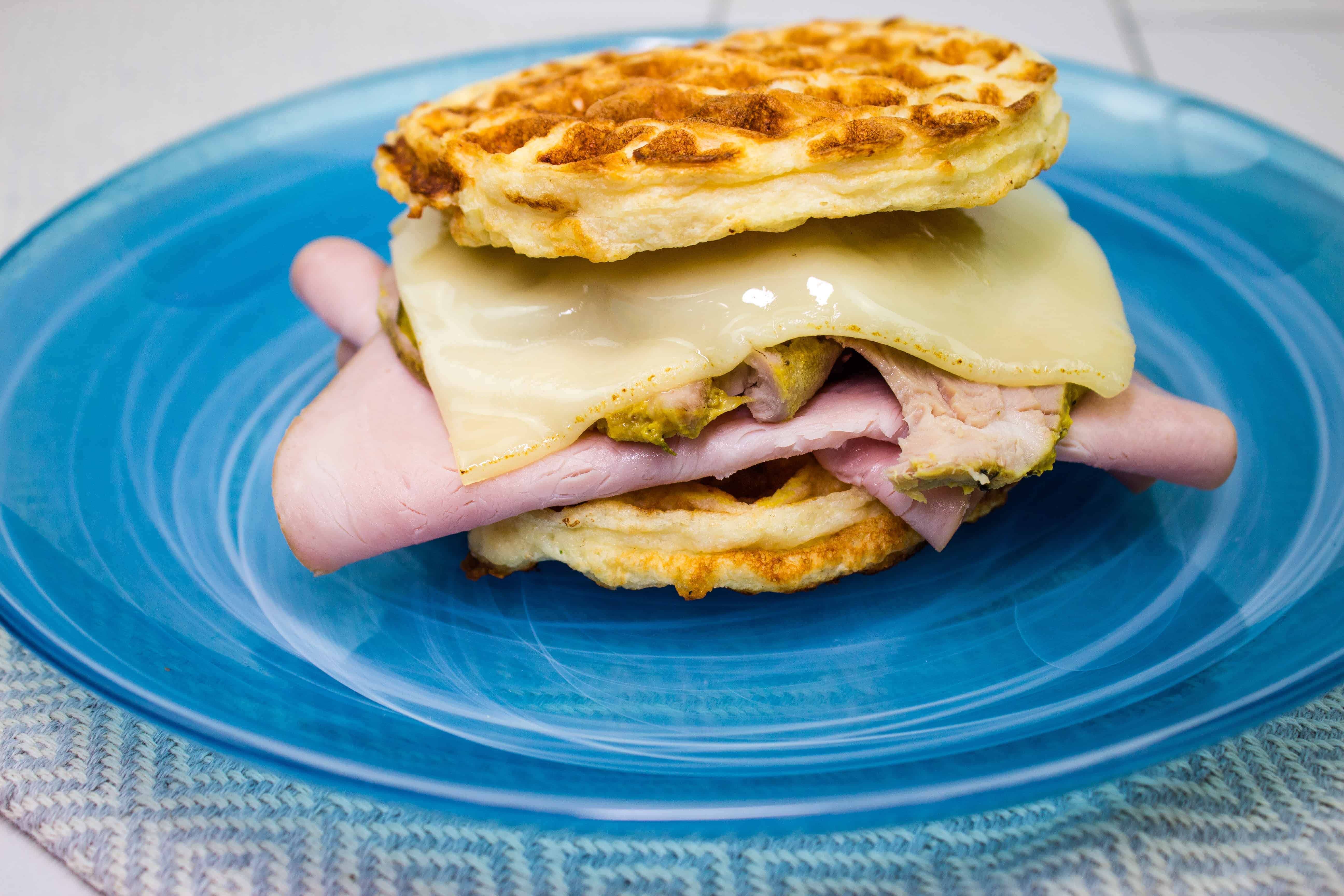 Top with the remaining chaffle . Cubano Chaffle Sandwich Quick Easy Keto Cooking Wins