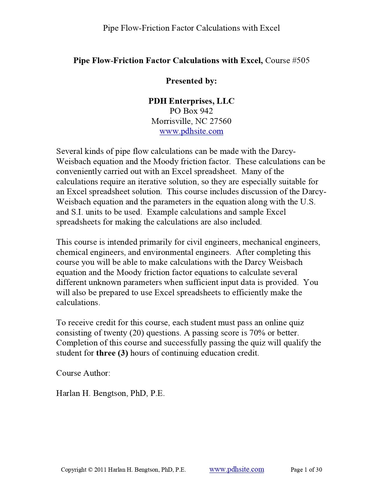 Pipe FlowFriction Factor Calculations with Excel, Course AquaEnergy