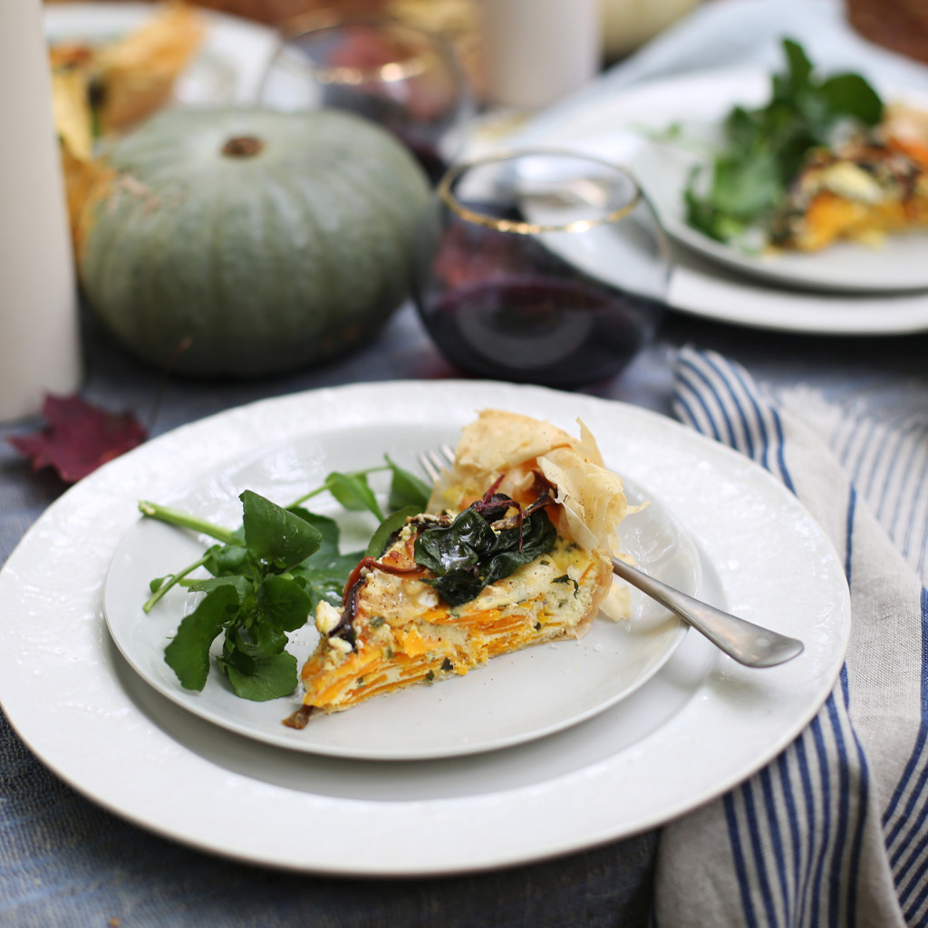 Recipe pumpkin, rainbow chard and filo tart