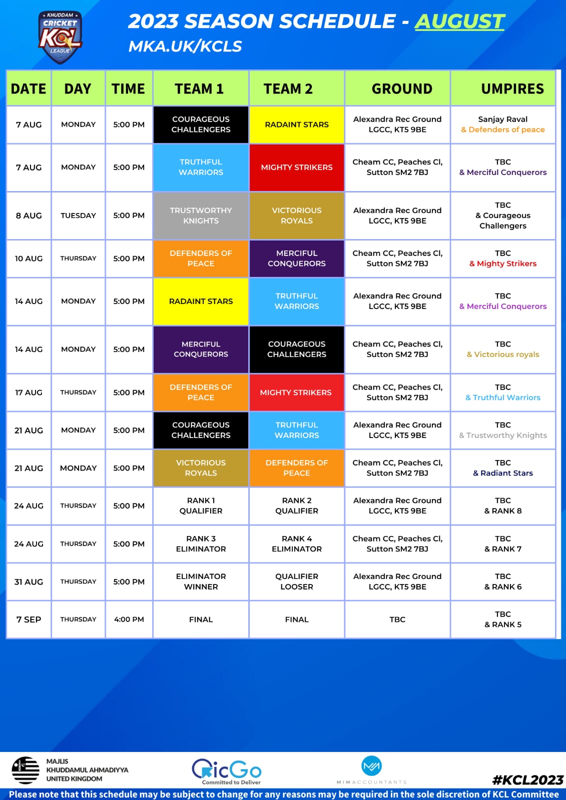 KCL South 2023 August and September schedule is out MKA UK