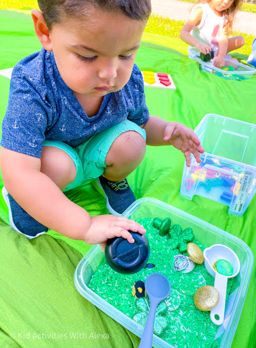 St. Patrick's Day Rice Sensory Bin Kid Activities with Alexa