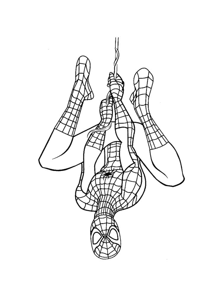 SpiderMan hanging upside down on a rope coloring page