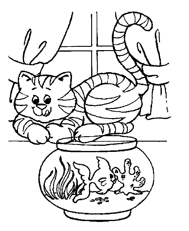 Huisdieren kleurplaten poes en vis