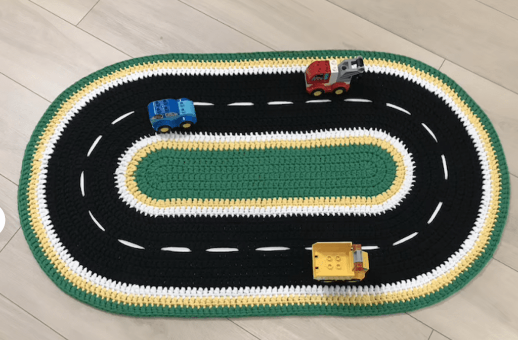 You Can Get Your Kids A Crochet Race Track Rug That'll Have Them Racing
