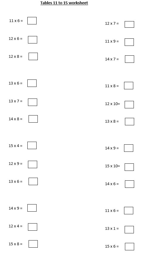 Table for kids Table 11 to 15 worksheet