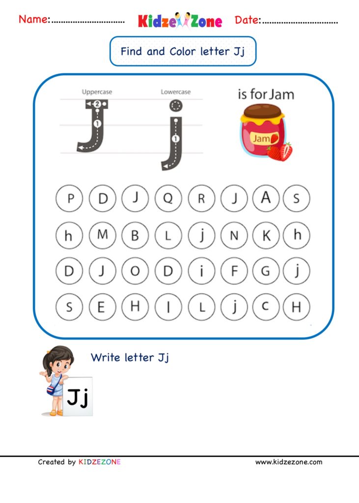 Kindergarten Letter J worksheets Find and Color KidzeZone