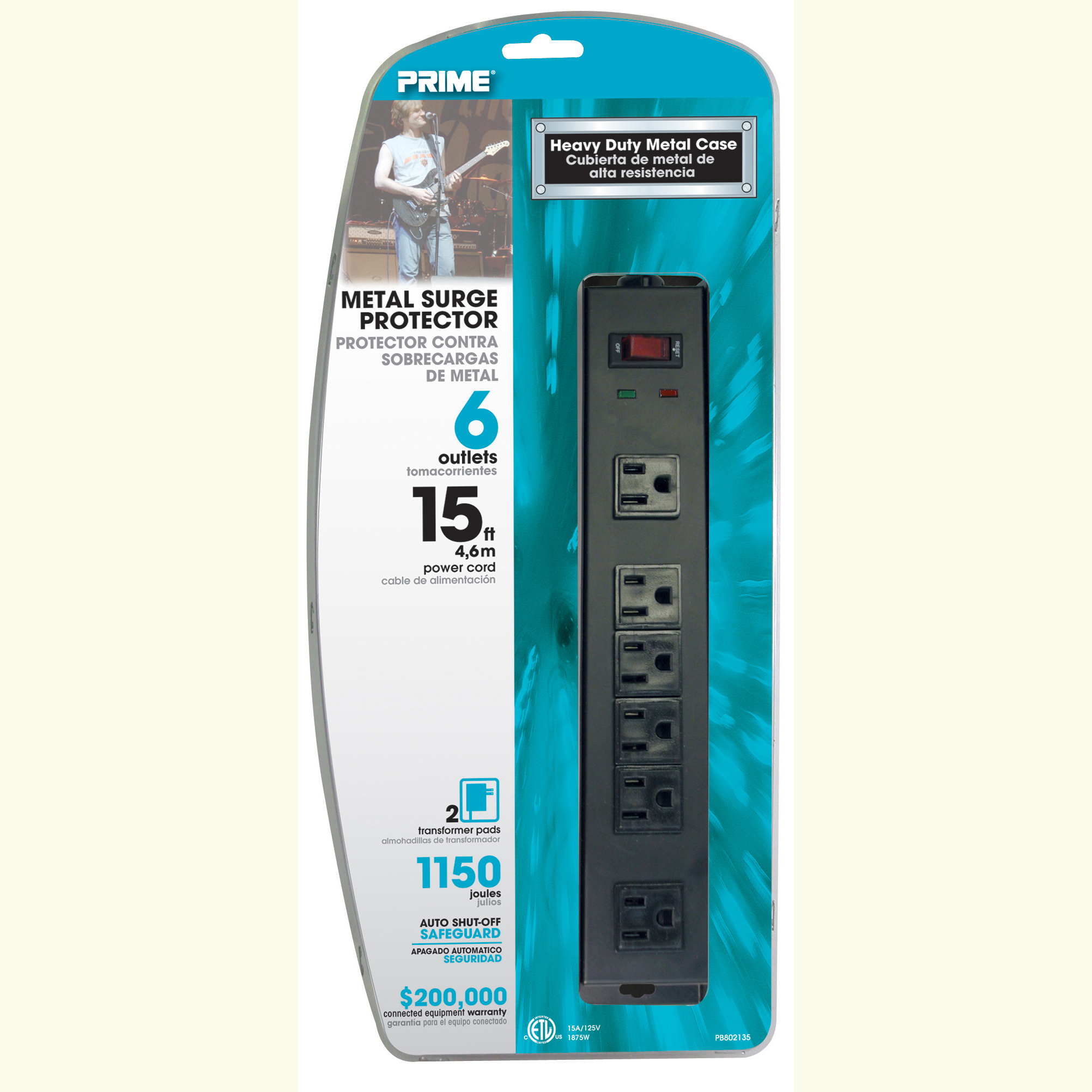 Prime PB802135 6Outlet Metal Surge Protector, 15' Cord Kiesub