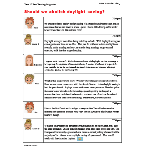Literacy Tests Reading Year 10