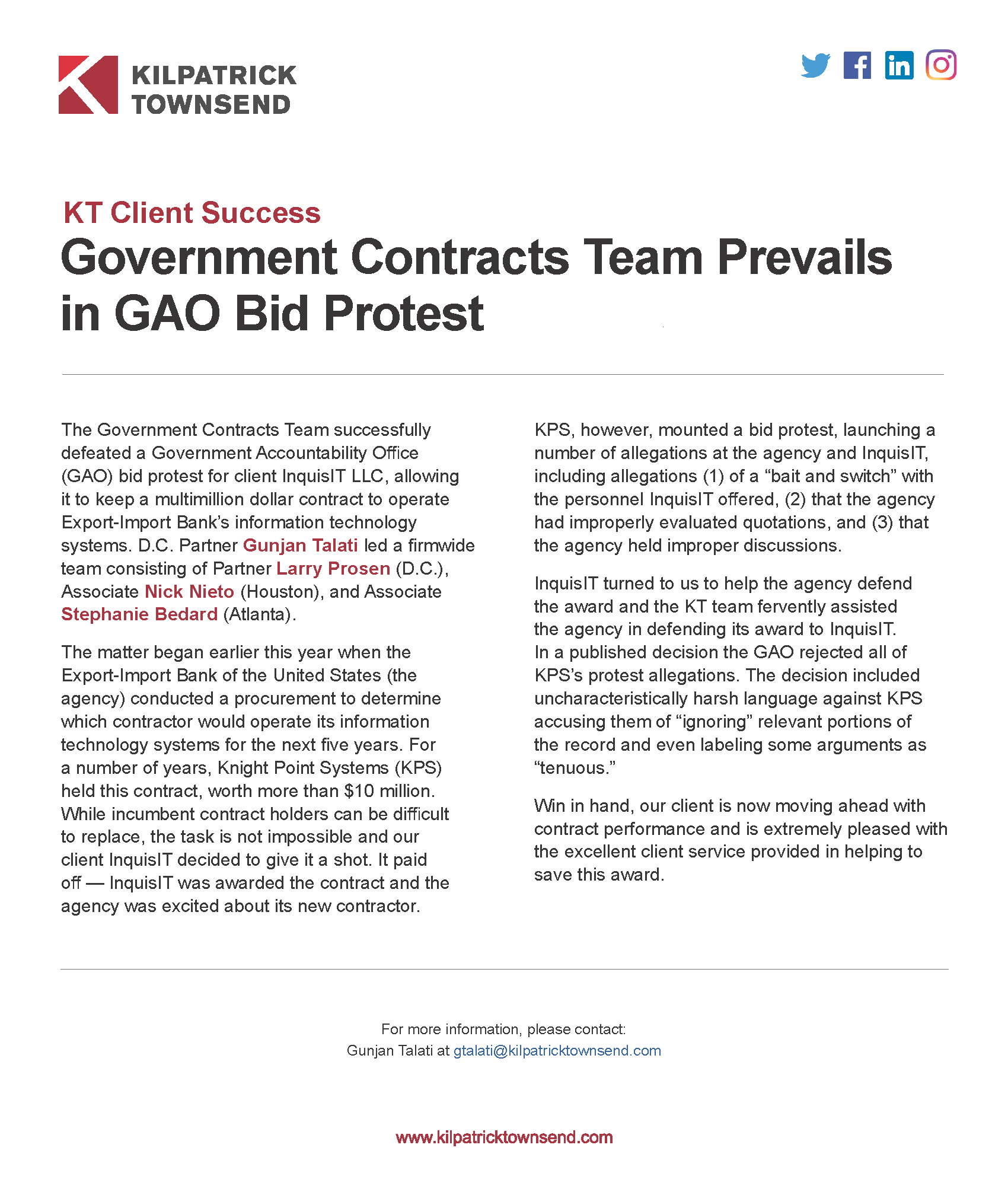 KT Client Success Government Contracts Team Prevails in GAO Bid Protest