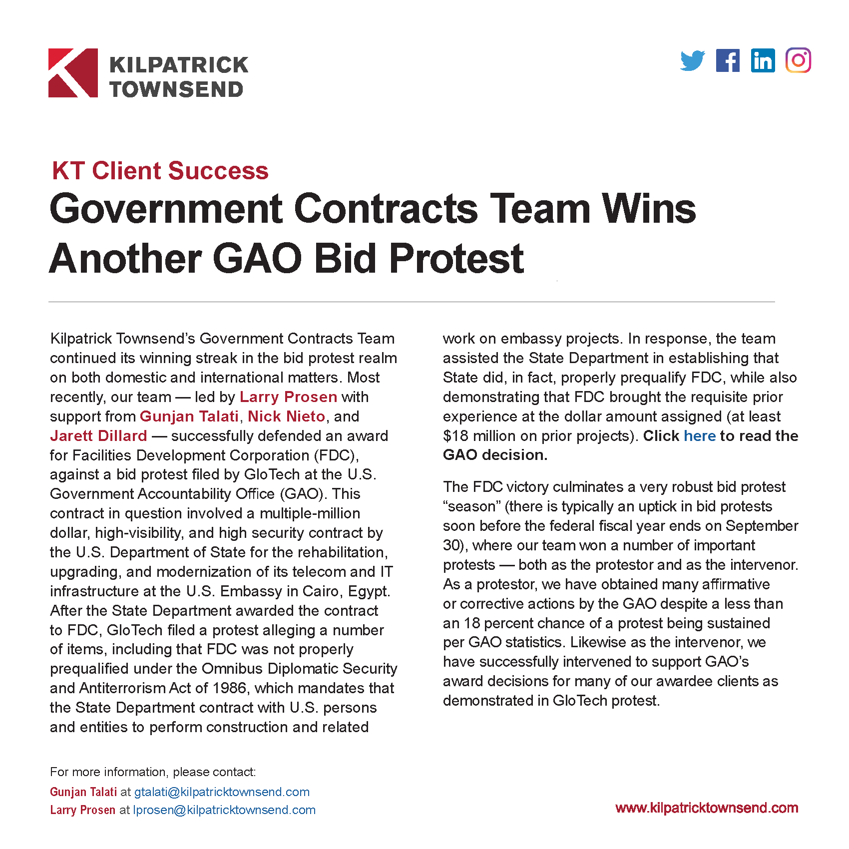 KT Client Success Government Contracts Team Wins Another GAO Bid Protest