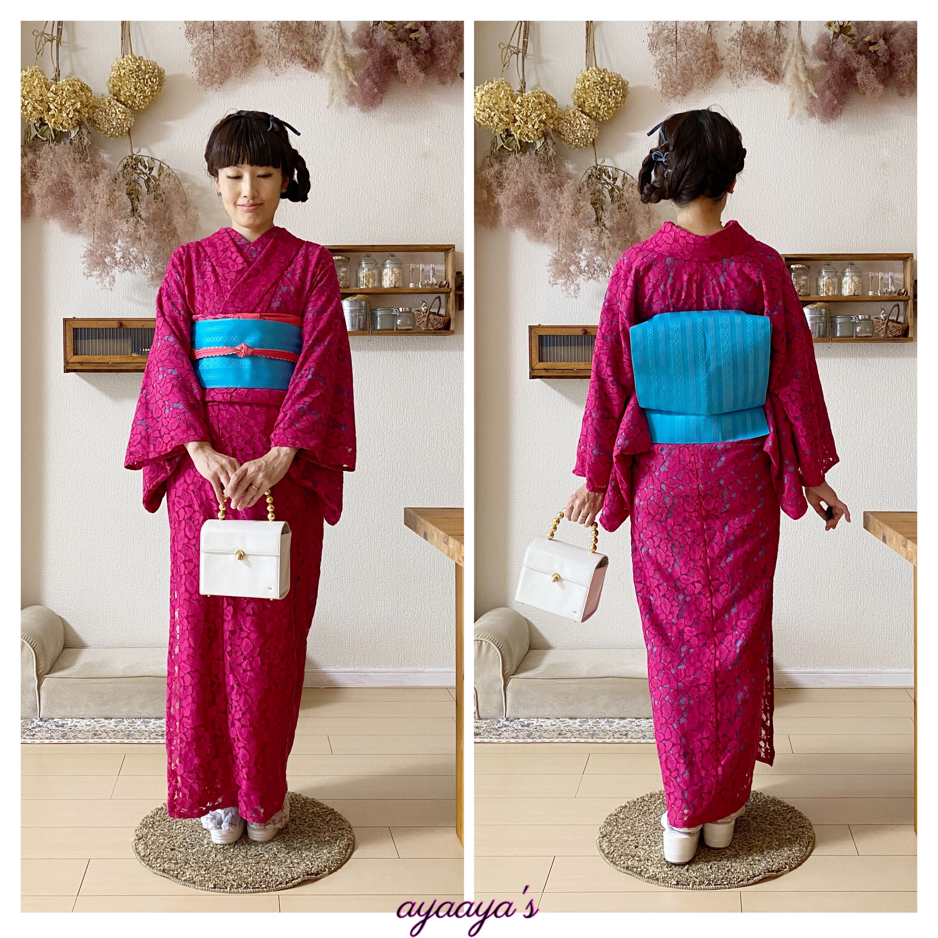 レース着物コーディネート マゼンタ ピンク | 【大阪】着付け教室