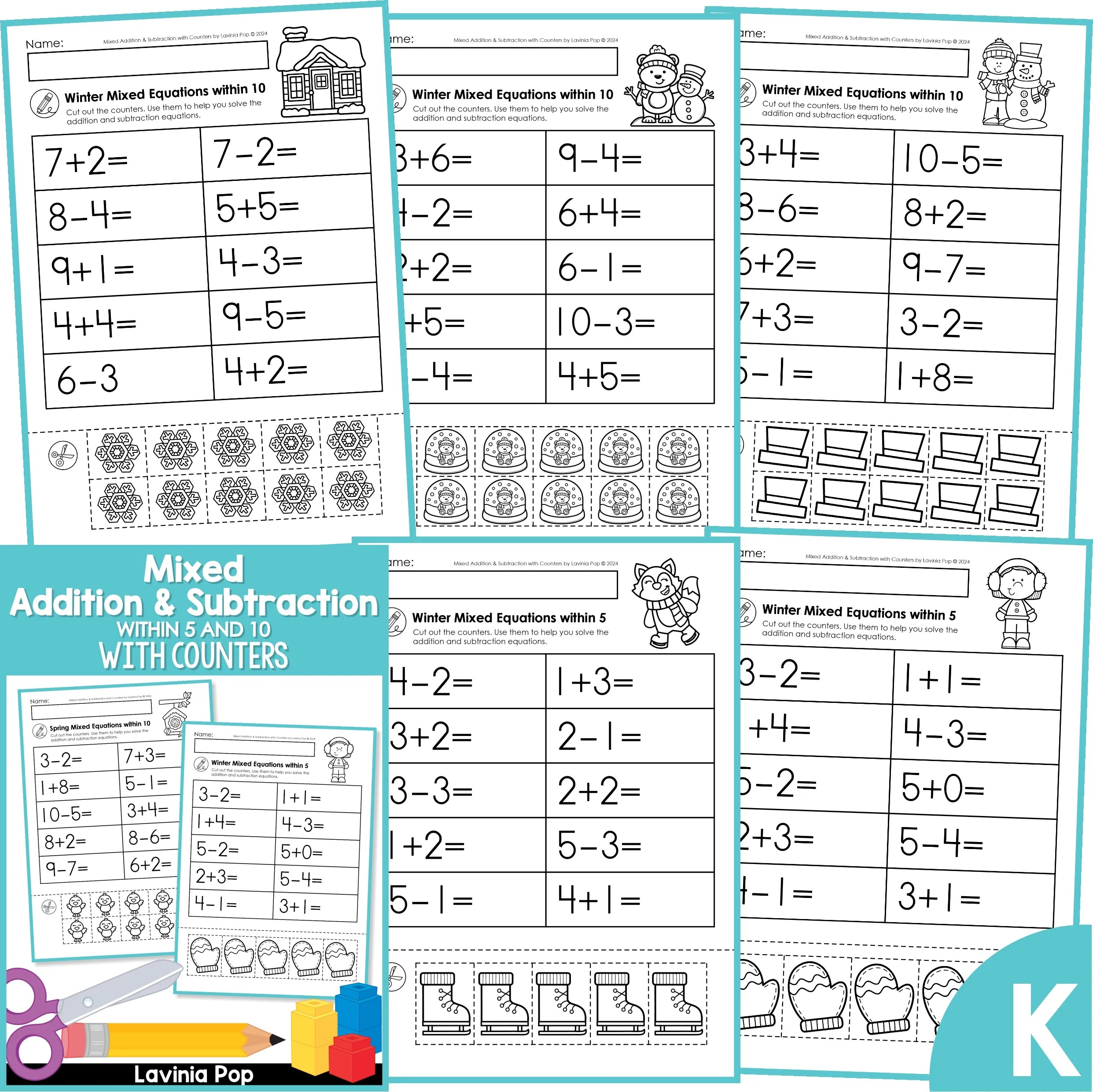 Mixed Addition and Subtraction Worksheets with Counters