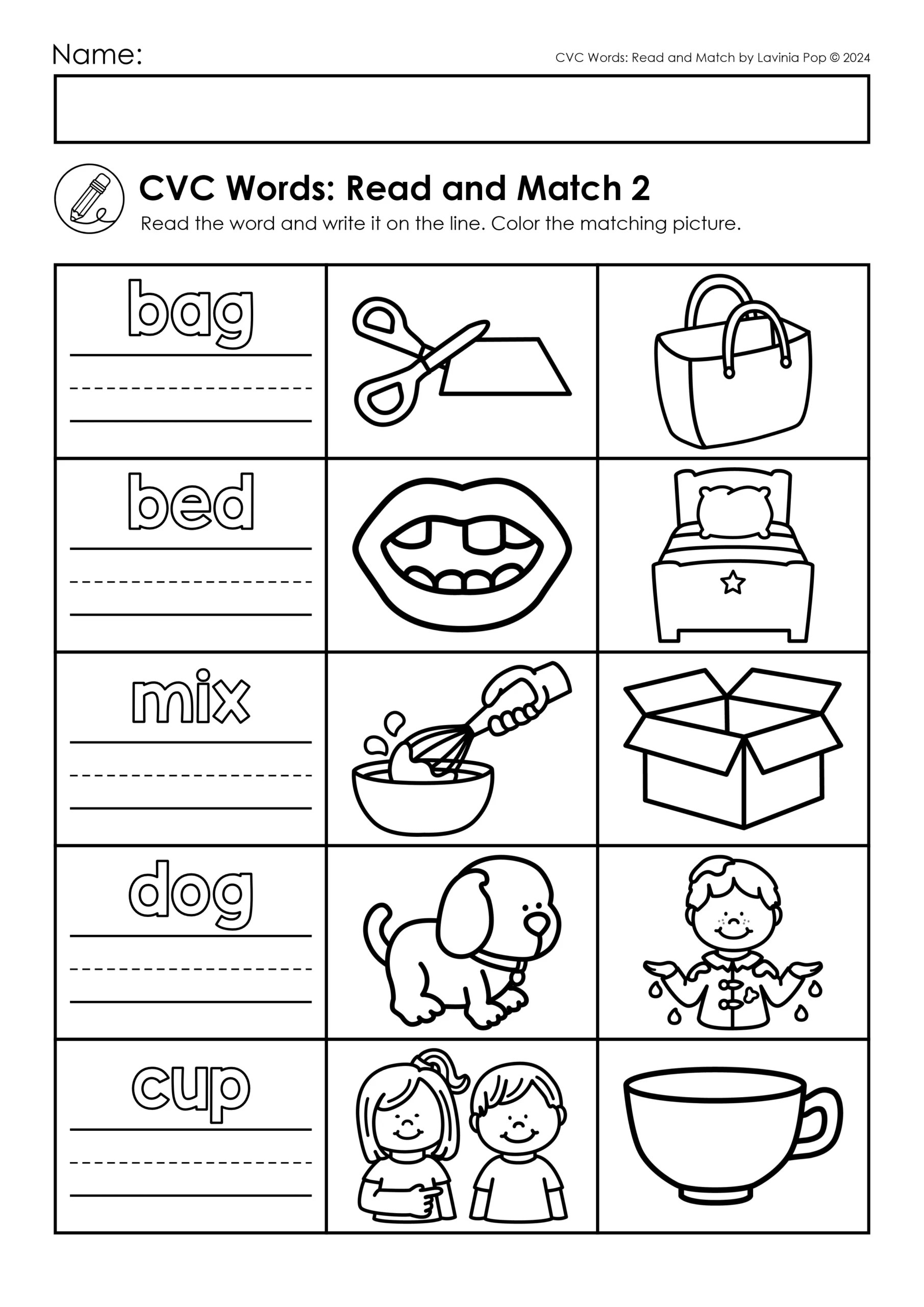 CVC Words: Read and Match Printable Worksheets