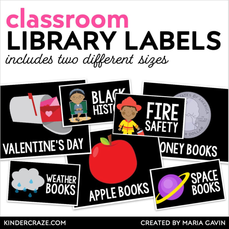 Classroom Library Labels for Books and Bins with Black Background