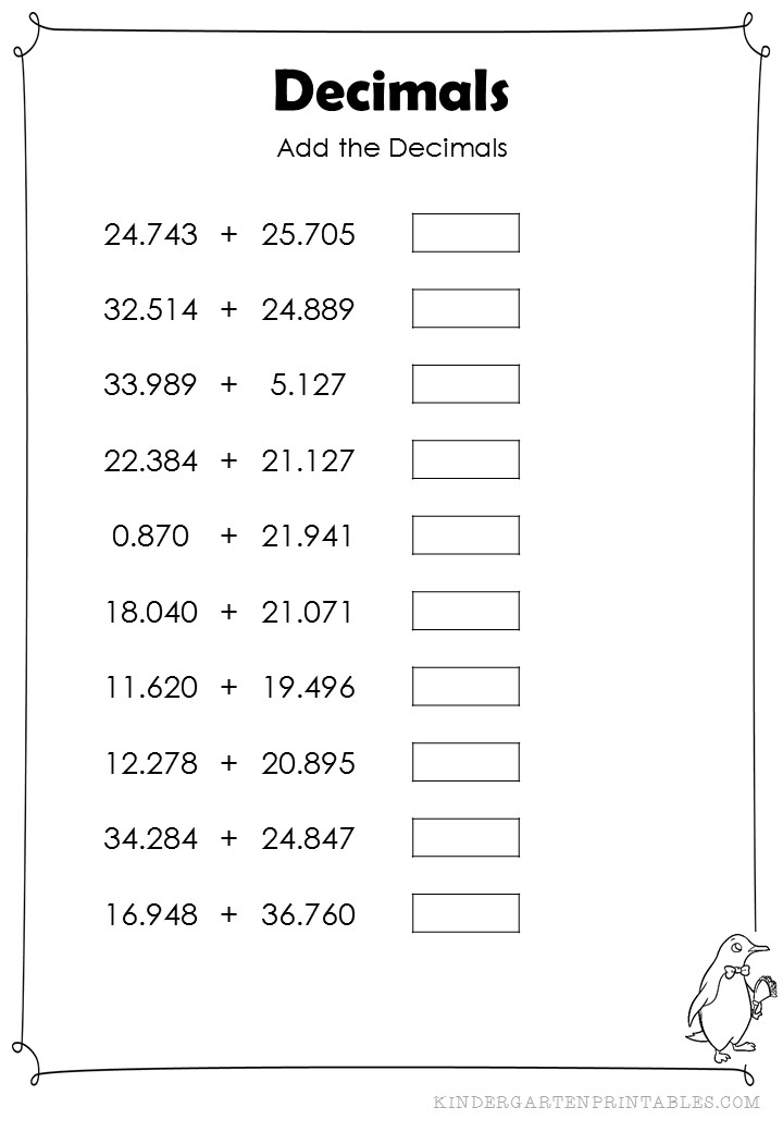 Add Decimals Thousands Worksheets