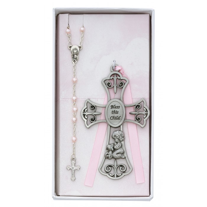 Rosaries Bless The Child Crib Cross, Girl Pink Pearl Rosary