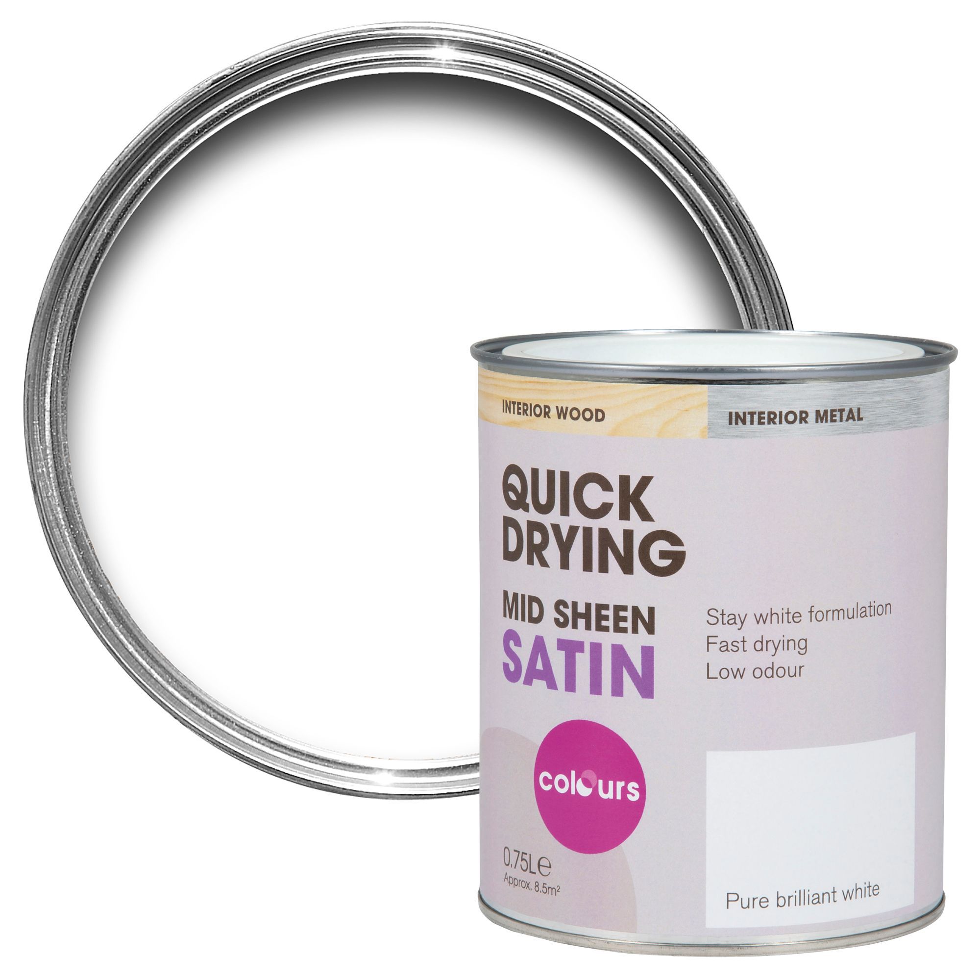Colours Interior Pure Brilliant White Satin Wood & Metal Paint 750ml
