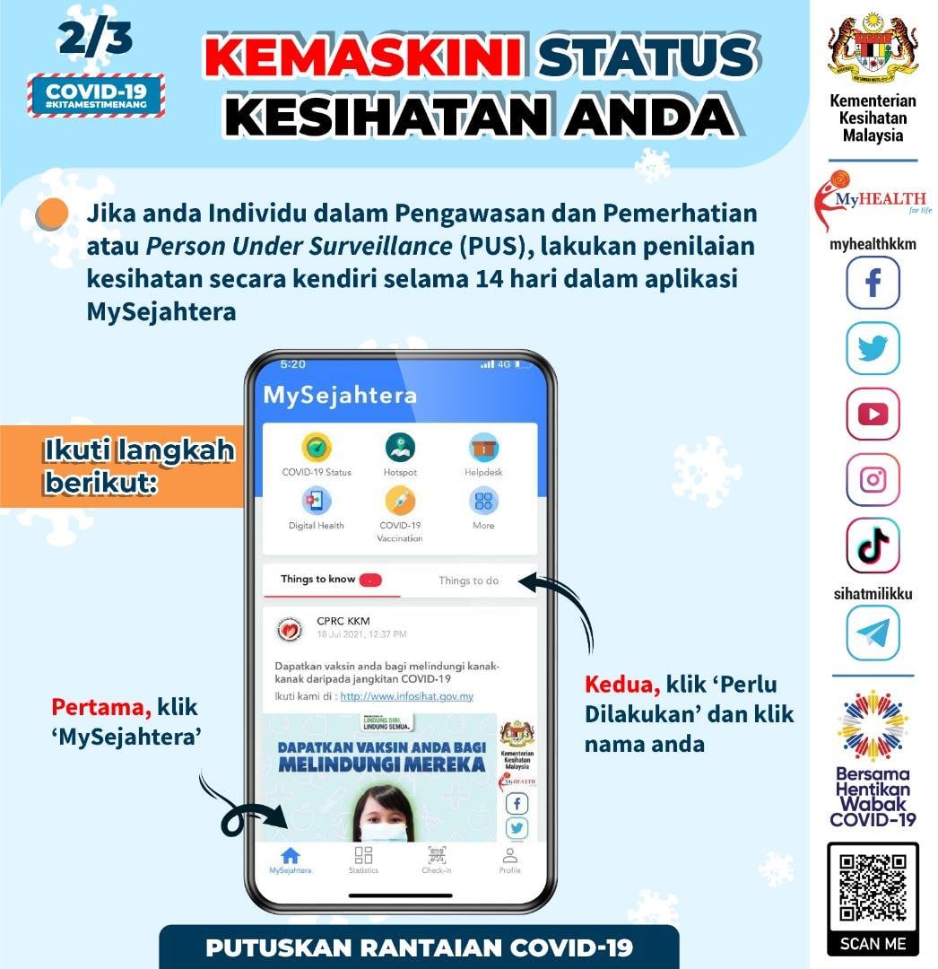 Individu Positif Covid19, Perlu Kemaskini Status Kesihatan Anda Di