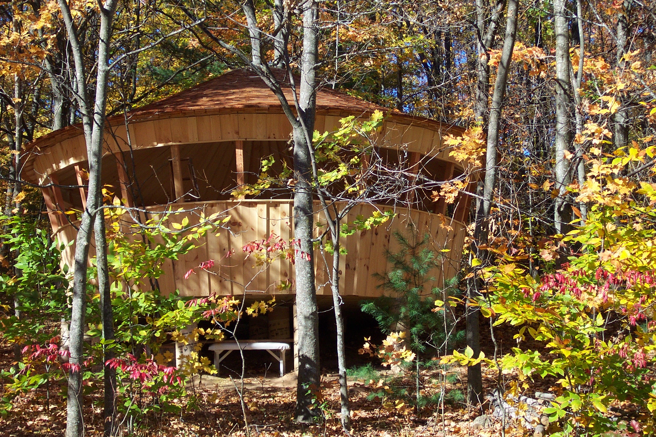 Wooden, TaperedWall Yurt Wooden Yurt that I helped build along with a
