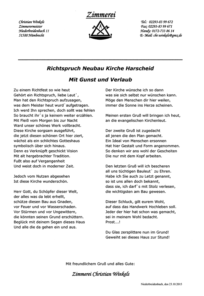 Richtspruch Kirchbau Harscheid