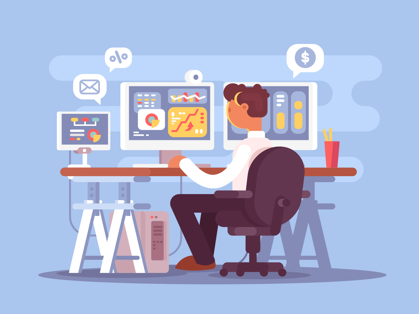 Stock trader sits in armchair illustration Kit8