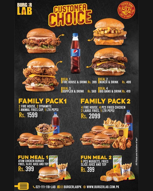 Burger Lab Menu Karachi, Lahore, Peshawar, Sialkot, deals Prices and