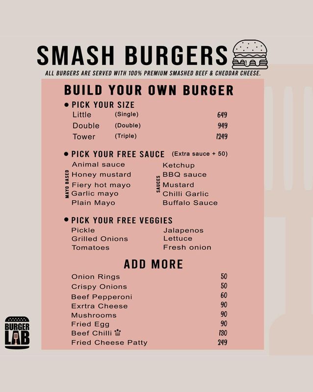 Burger Lab Menu Karachi, Lahore, Peshawar, Sialkot, deals Prices and