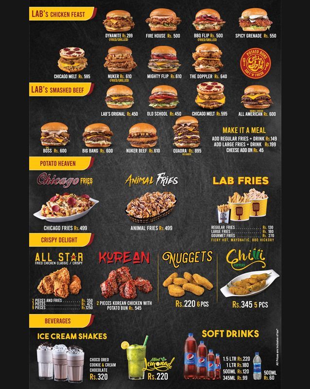 Burger Lab Menu Karachi, Lahore, Peshawar, Sialkot, deals Prices and