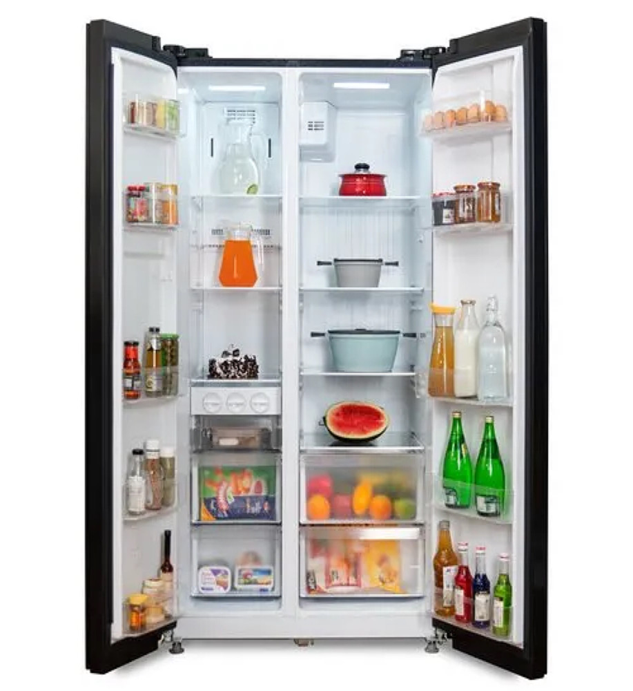 BRUHM 436L SIDE BY SIDE FRIDGE , REF BFX436 ENG SBS GLASS DOOR ( BLACK ) Kitchen And Beyond