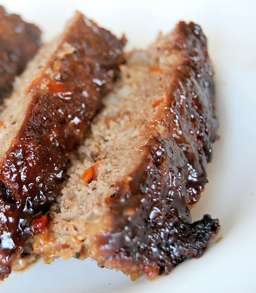 Balsamic Mustard Glazed Meatloaf with crispy onions and jalapenos
