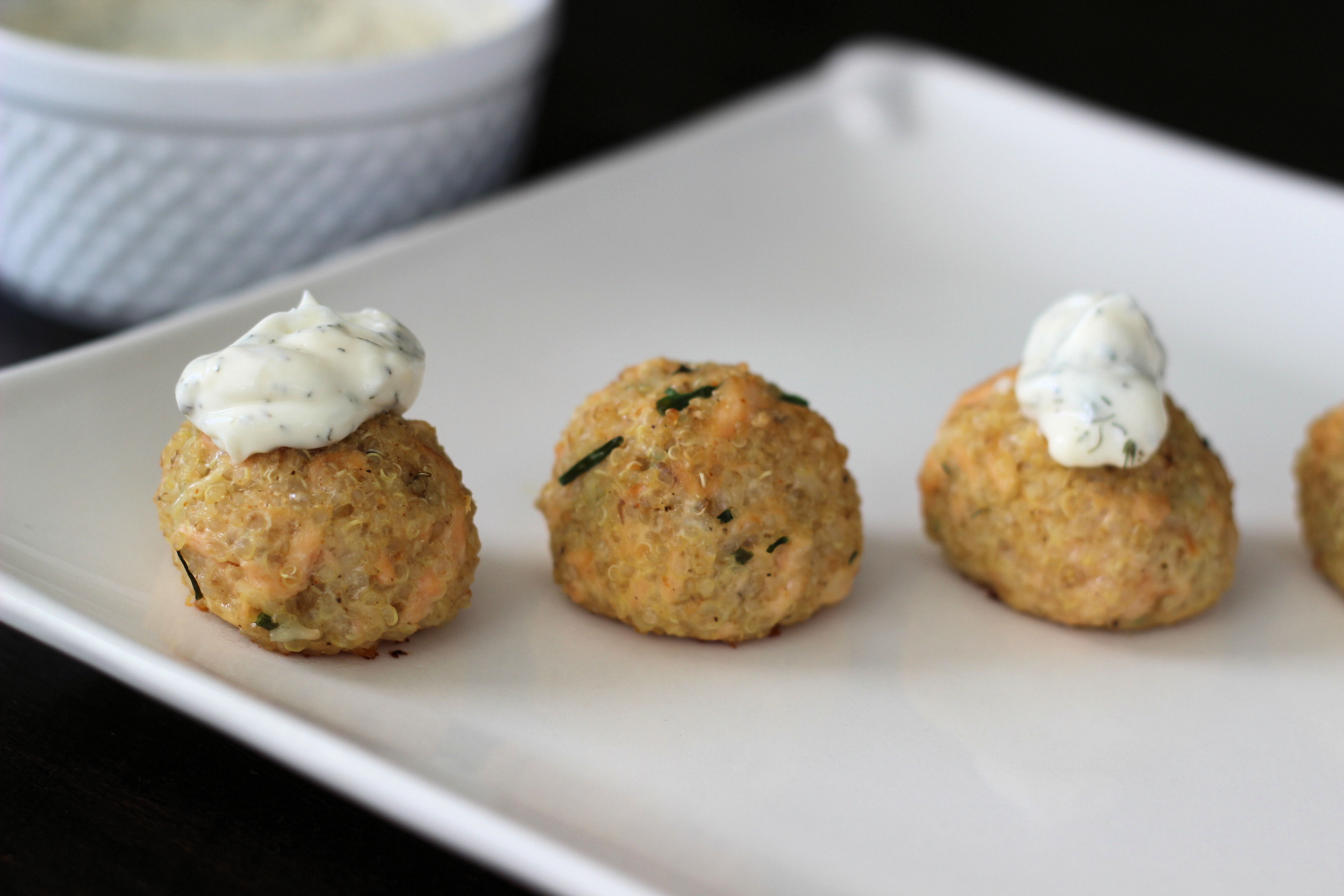 Quinoa Salmon Meatballs with Greek Yogurt Dill Sauce Gluten Free