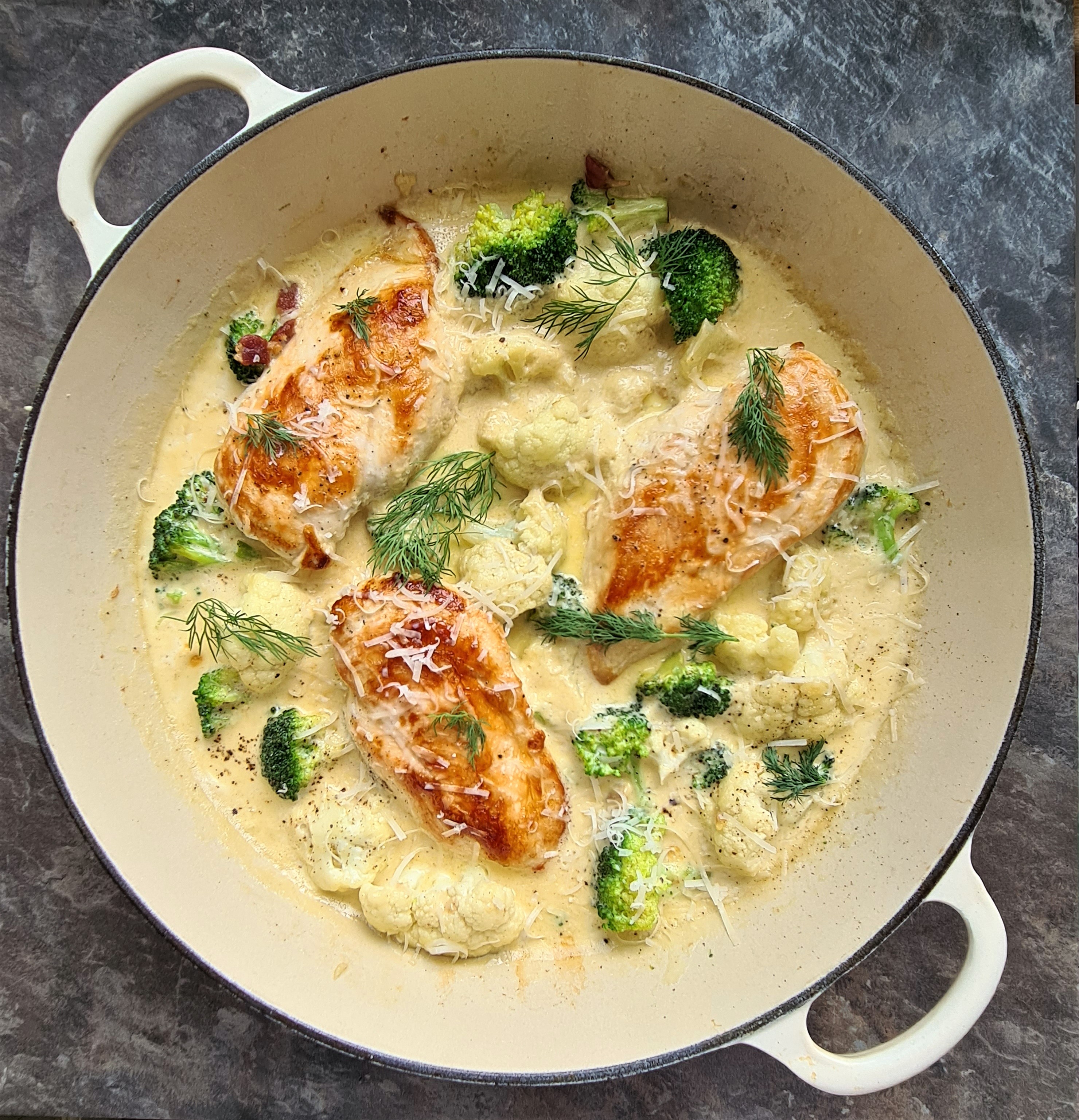 One Pan Creamy Chicken, Broccoli and Cauliflower skillet Kitchen Feasts