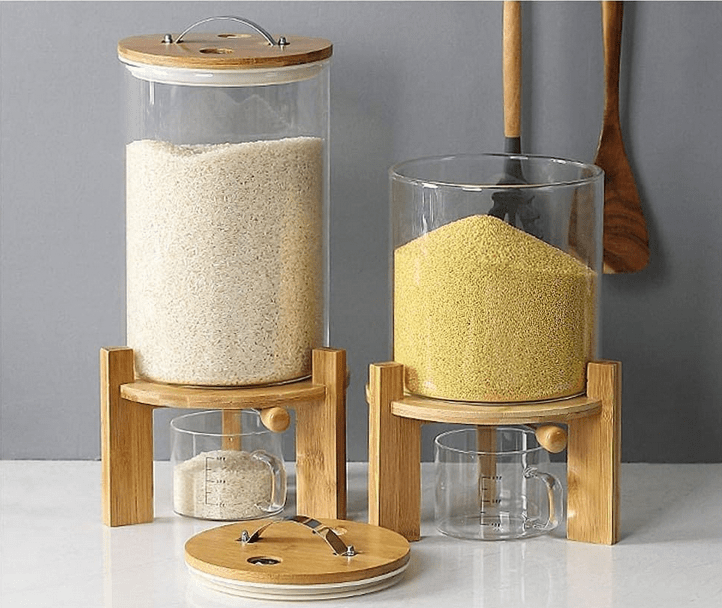 Glass Rice Dispenser with Wooden stand Kitchenware Crew