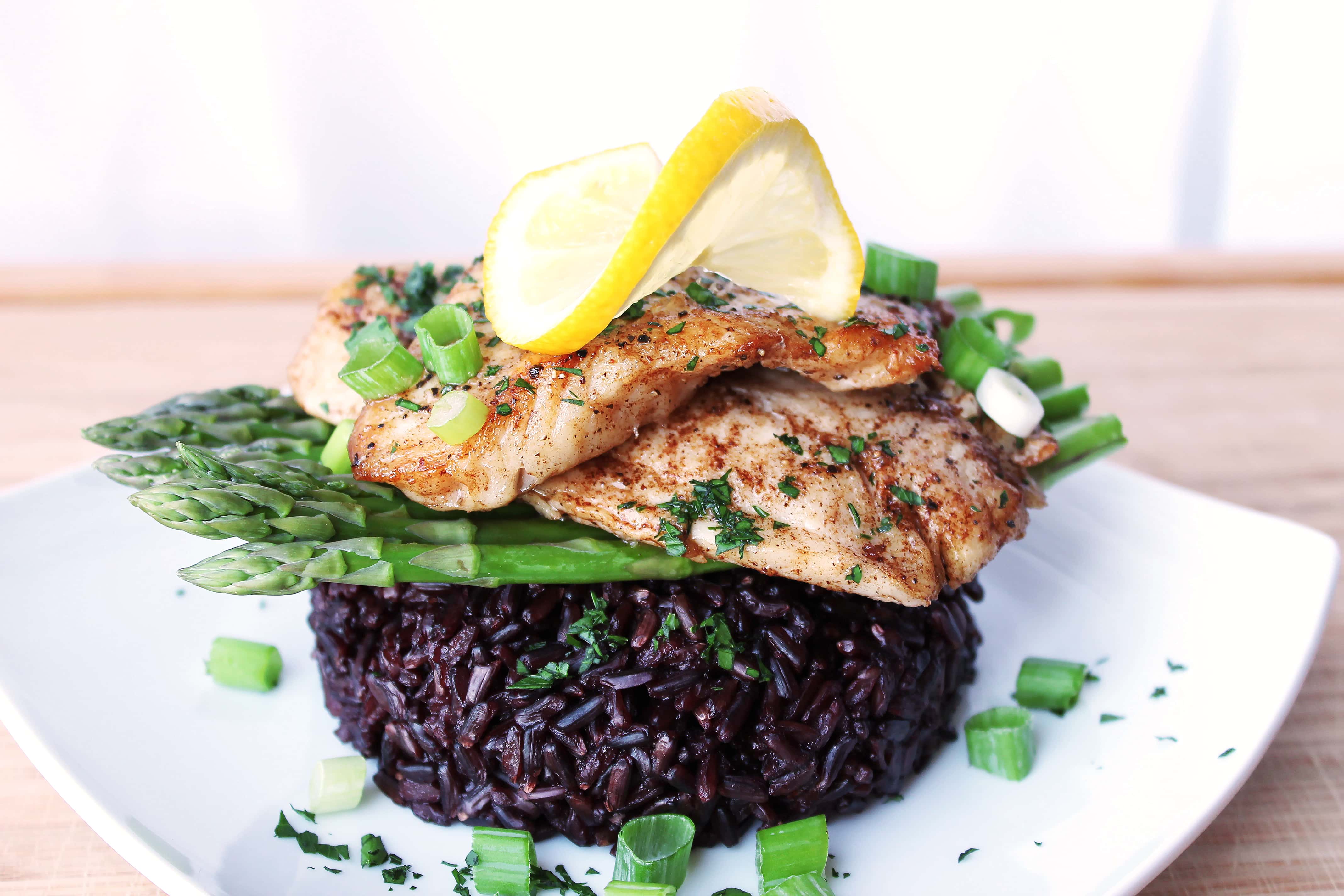 PanSeared Sea Bass with Asparagus and Black Rice Kit's Kitchen