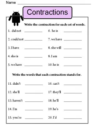 Introducing Contraction Worksheet For Kindergarten - 1 / | Clipart Sabine11