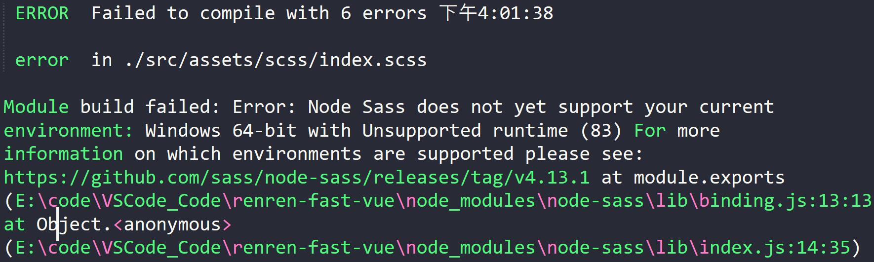 Module build failed Error Node Sass does not yet support your current