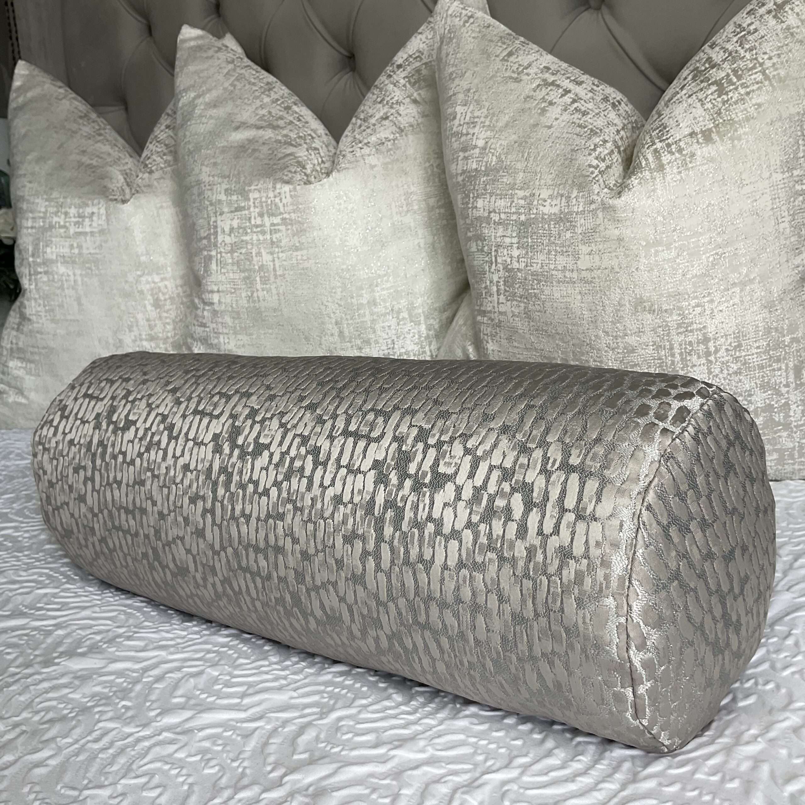 Luxury ANTELOPE Bolster Cushion 16" x 6" , Grey / Dove KK Pearl Decor