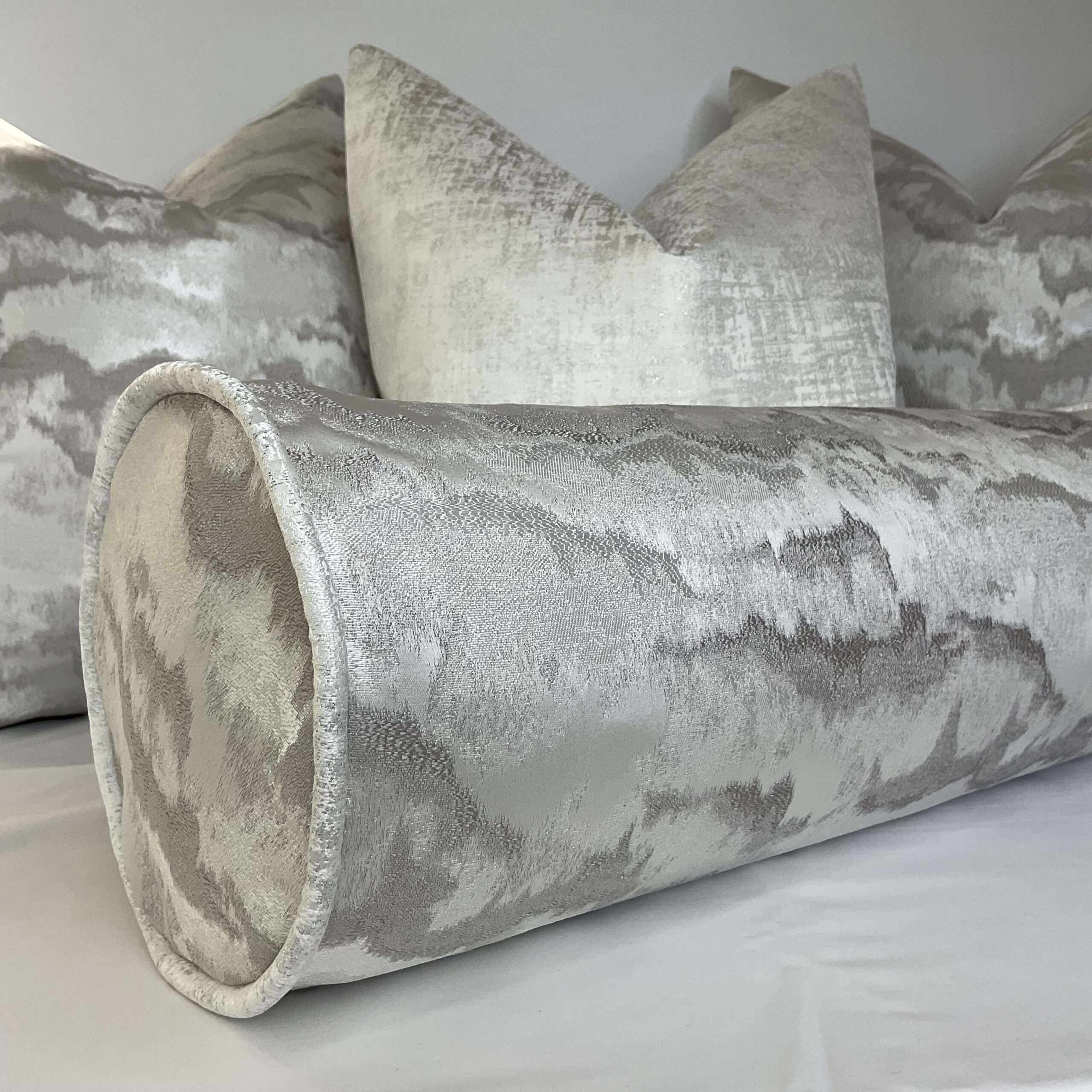 16" X 6" NIMBUS Piped Bolster Cushion / Silver White KK Pearl Decor