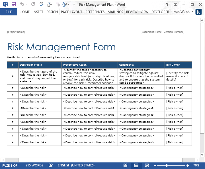 Risk Management Form Template MS Word Software Testing Templates, Forms, Checklists for MS