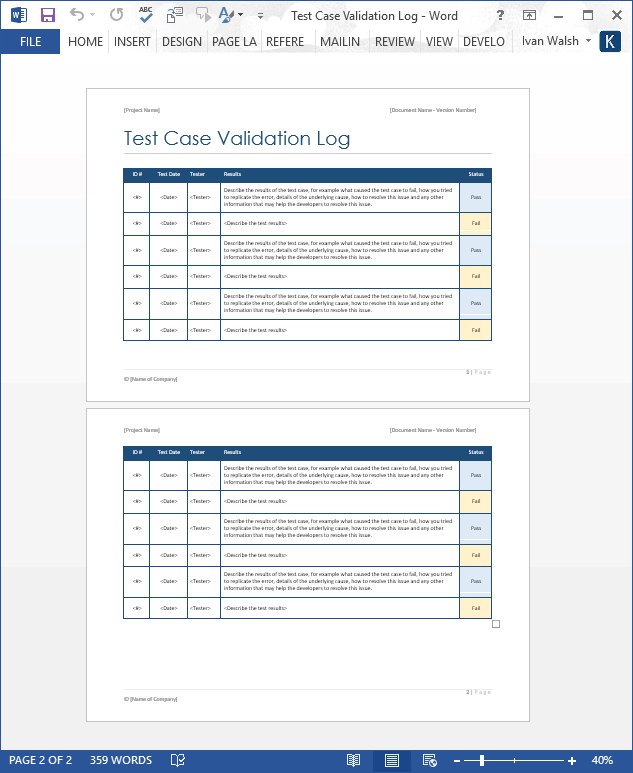Test Case Validation Log MS Word Software Testing Templates, Forms, Checklists for MS