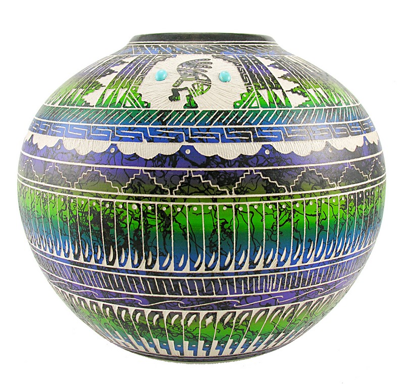 Native American Navajo Horsehair Vase with Kokopelli by Myron Charley