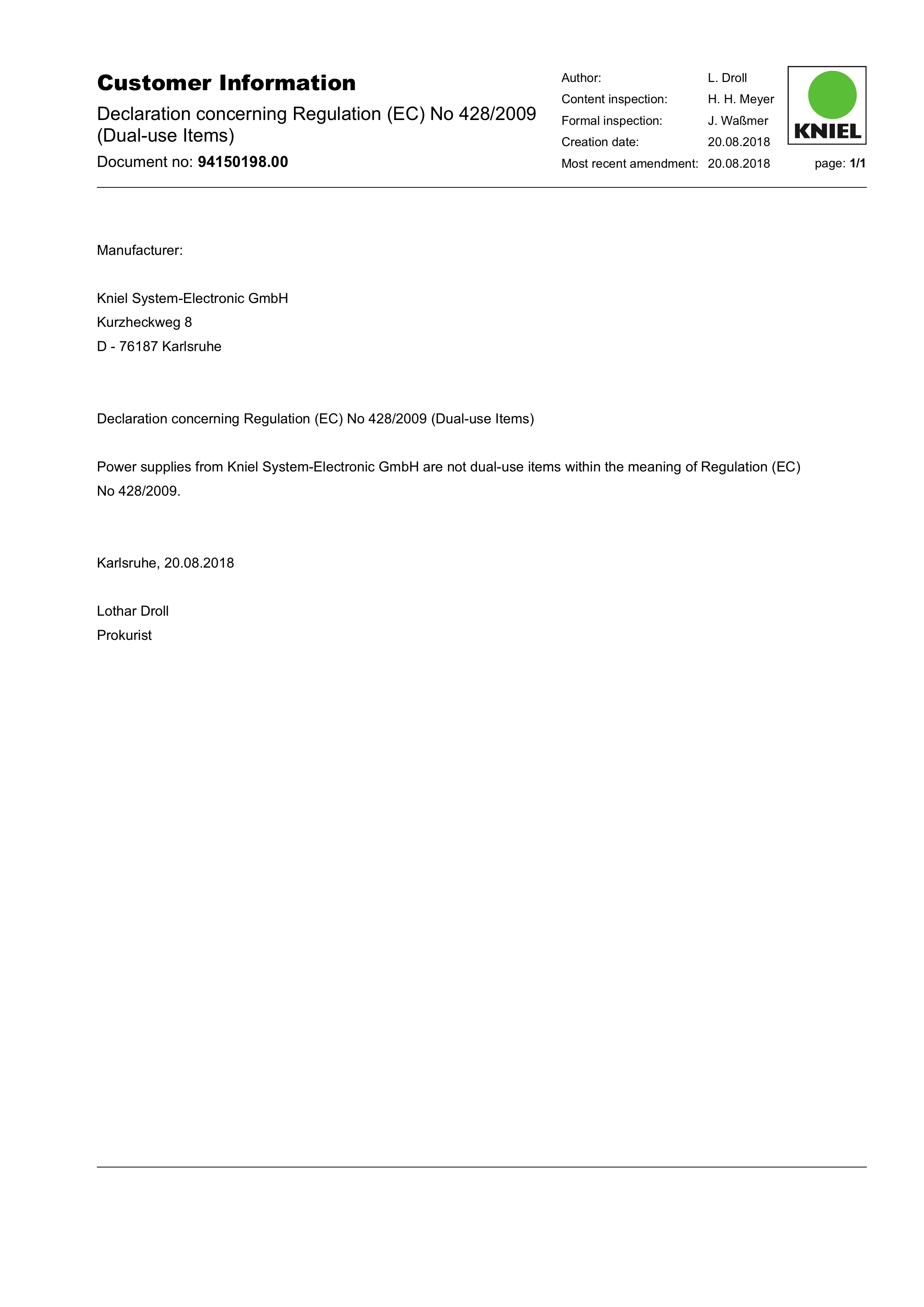 Kniel power supplies Our declaration concerning Dualuse;