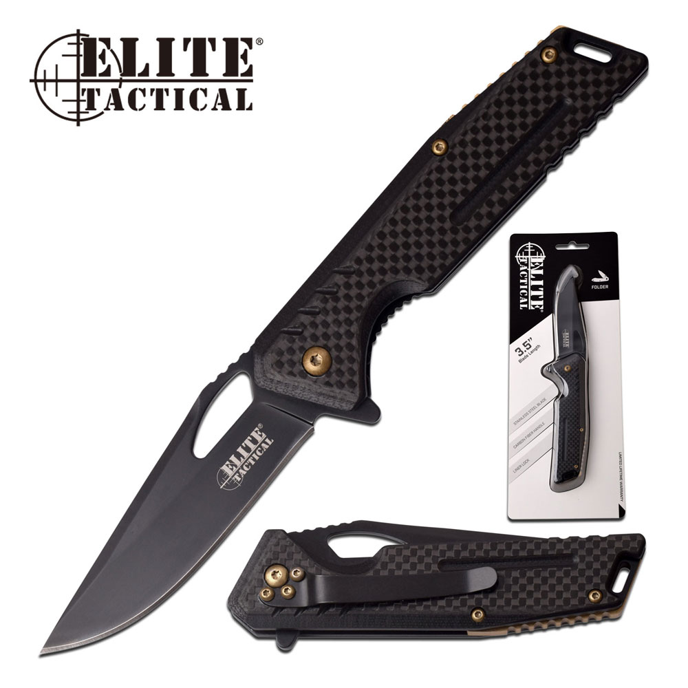 Elite Tactical Manual Folding Pocket Knife Black Carbon Fibe